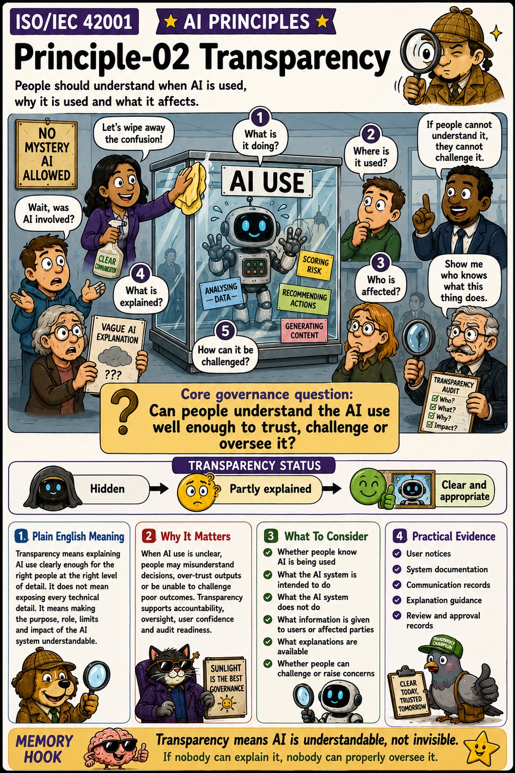 ISO 42001 AI Principles - Transparency - Humorous Infographic