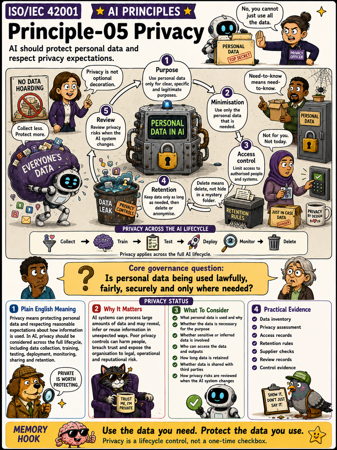 ISO 42001 AI Principles - Privacy - Humorous Infographic