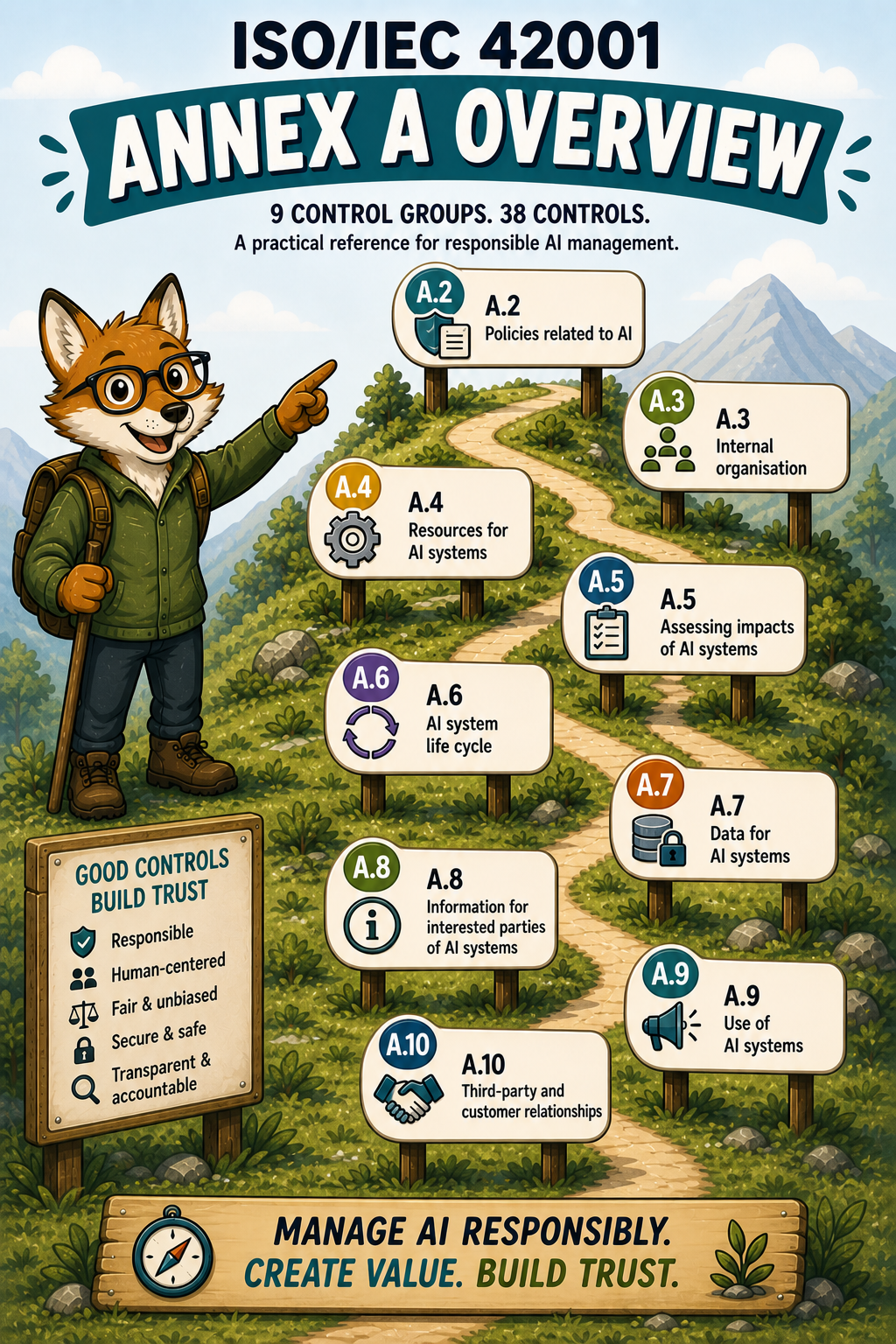 ISO 42001 Annex A Overview - Humorous Domain Infographic
