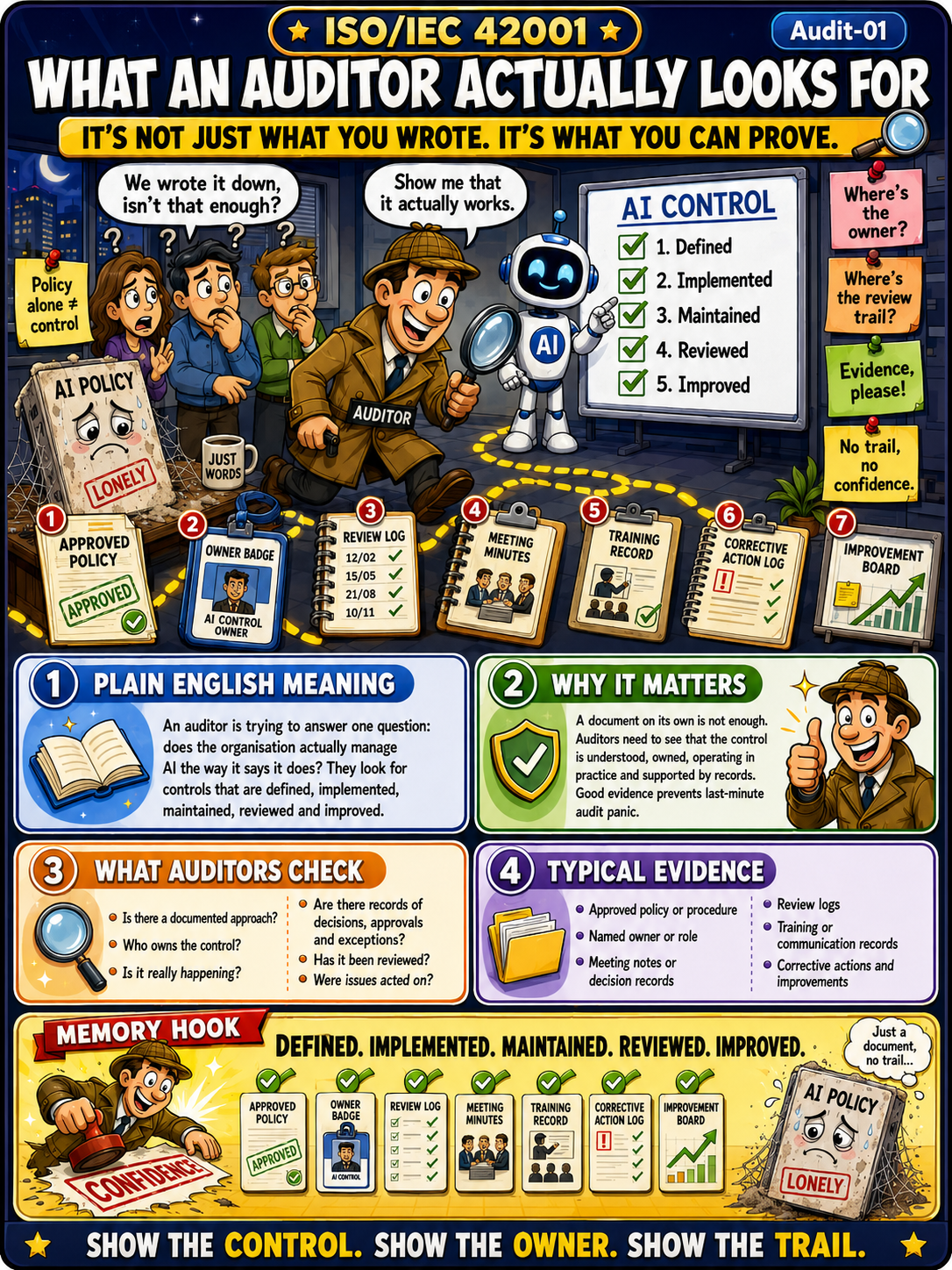 ISO 42001 Audit Readiness - What an Auditor Actually Looks For Humorous Infographic