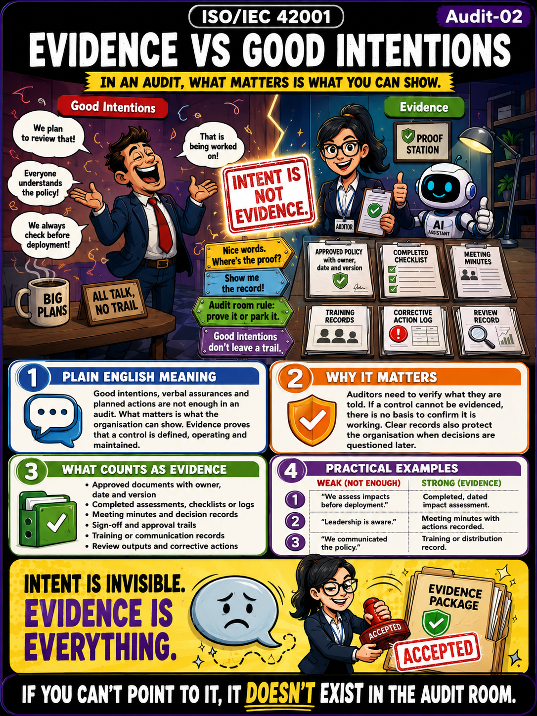 ISO 42001 Audit Readiness - Evidence vs Good Intentions Humorous Infographic