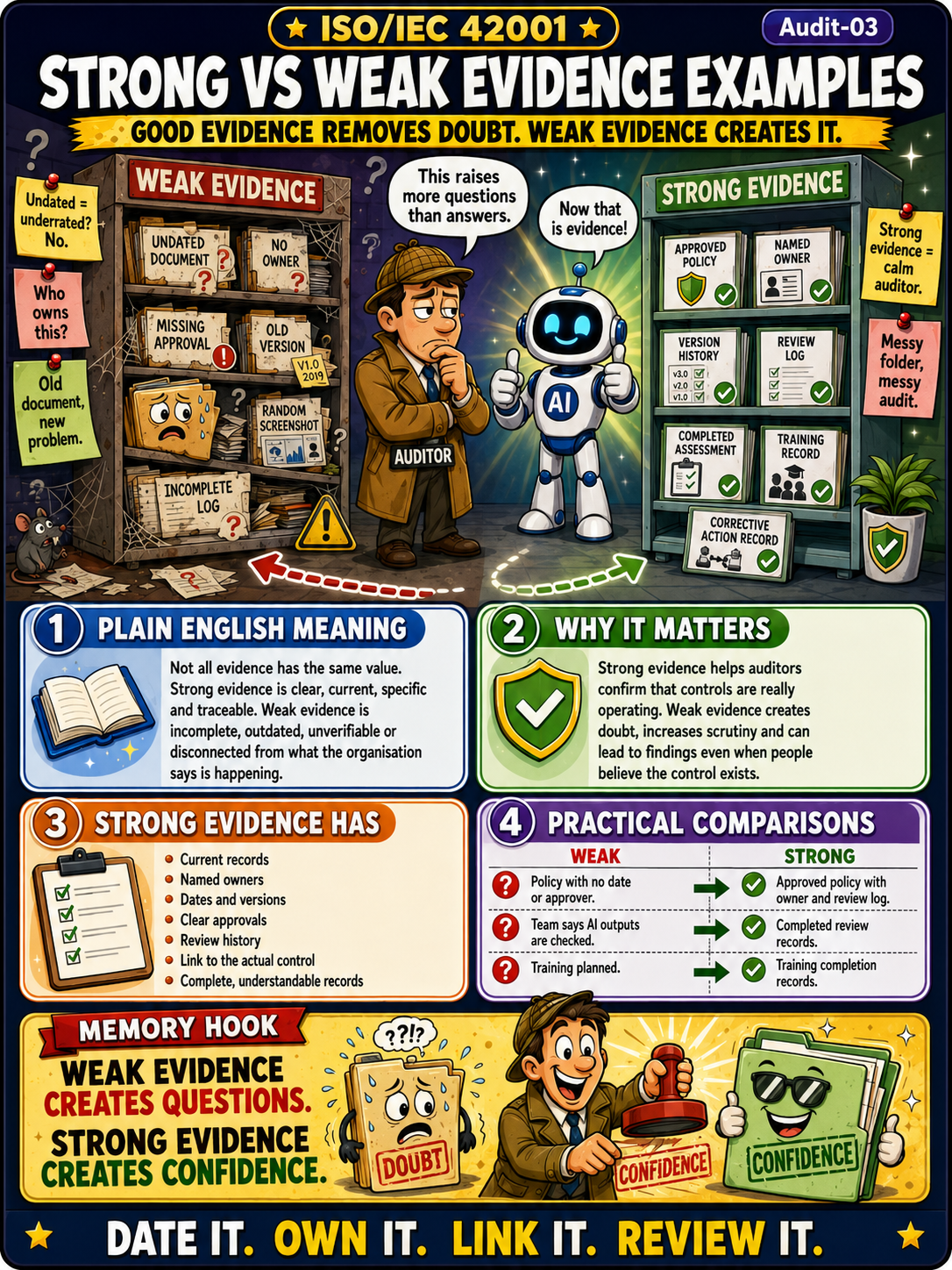 ISO 42001 Audit Readiness - Strong vs Weak Evidence Examples Humorous Infographic