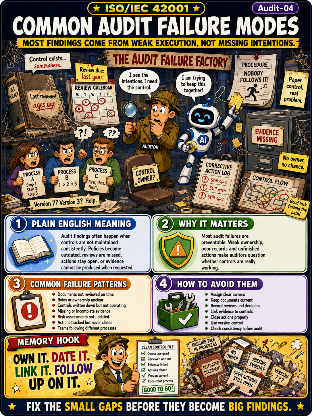 ISO 42001 Audit Readiness - Common Audit Failure Modes Humorous Infographic