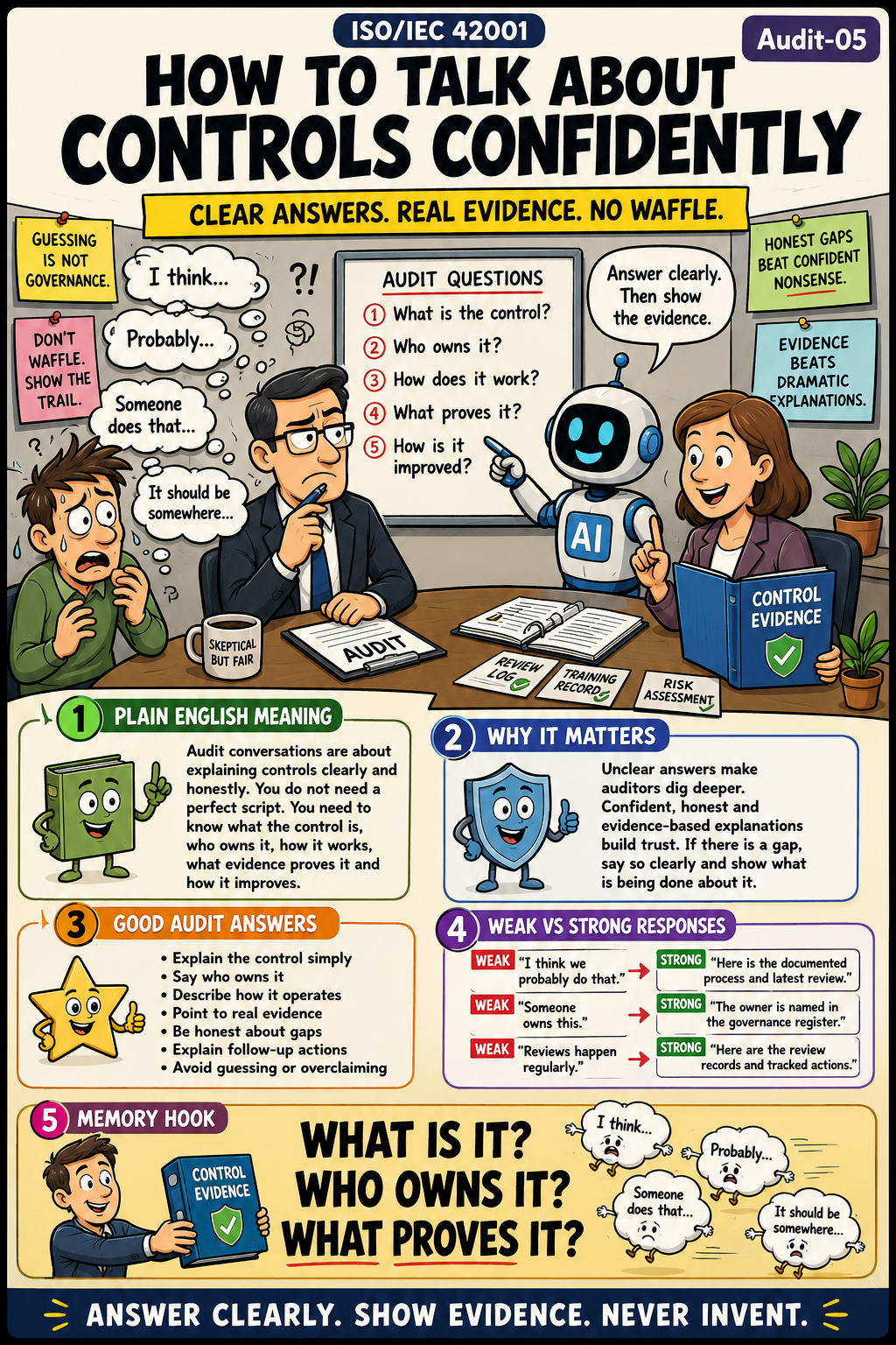 ISO 42001 Audit Readiness - How to Talk About Controls Confidently Humorous Infographic