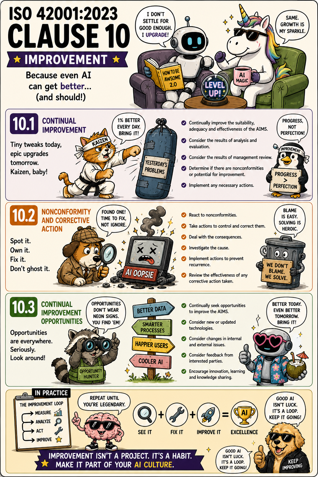 ISO 42001 Clause 10 Improvement - Humorous Infographic