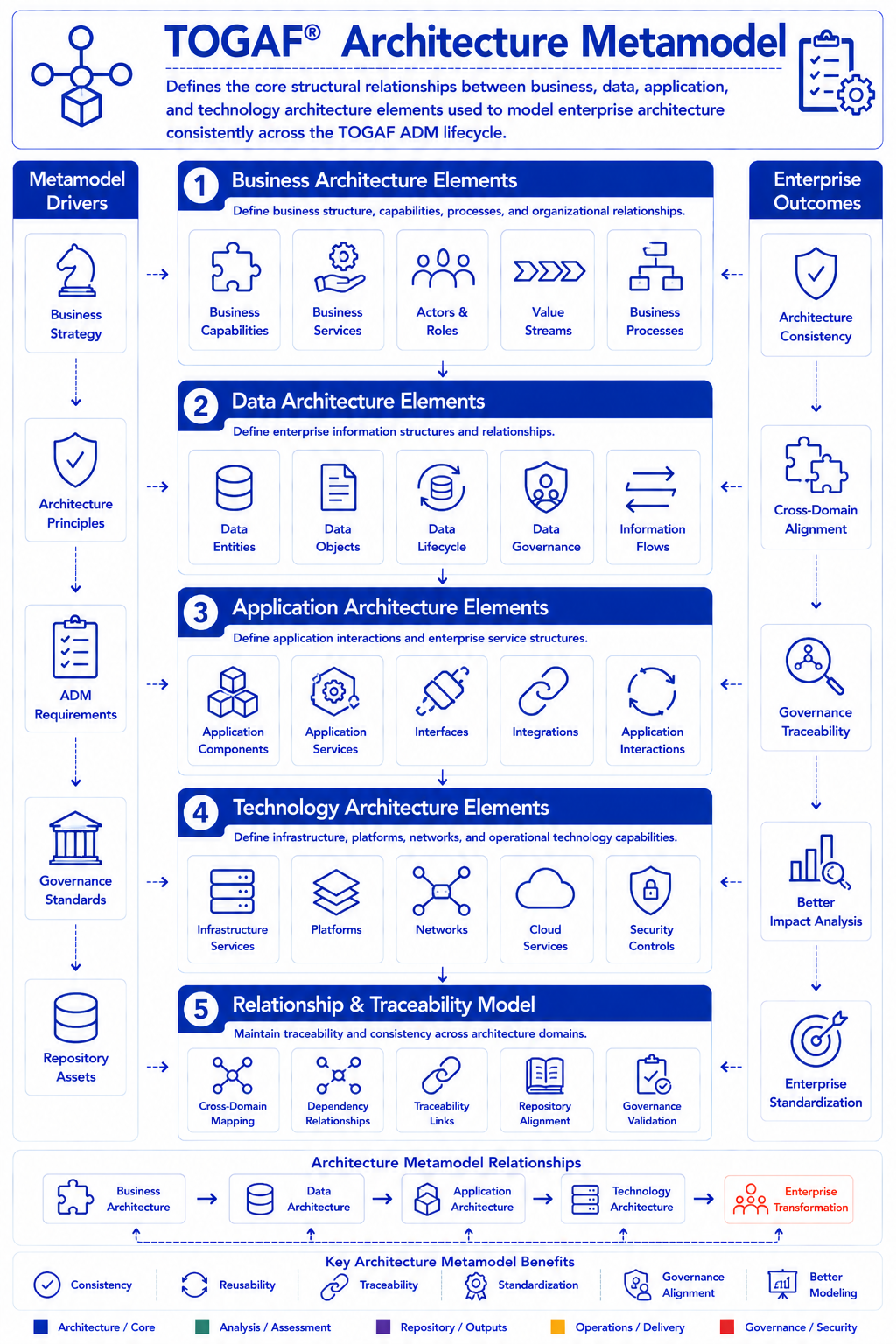 TOGAF Architecture Metamodel Diagram - core entities and relationships across all four architecture domains